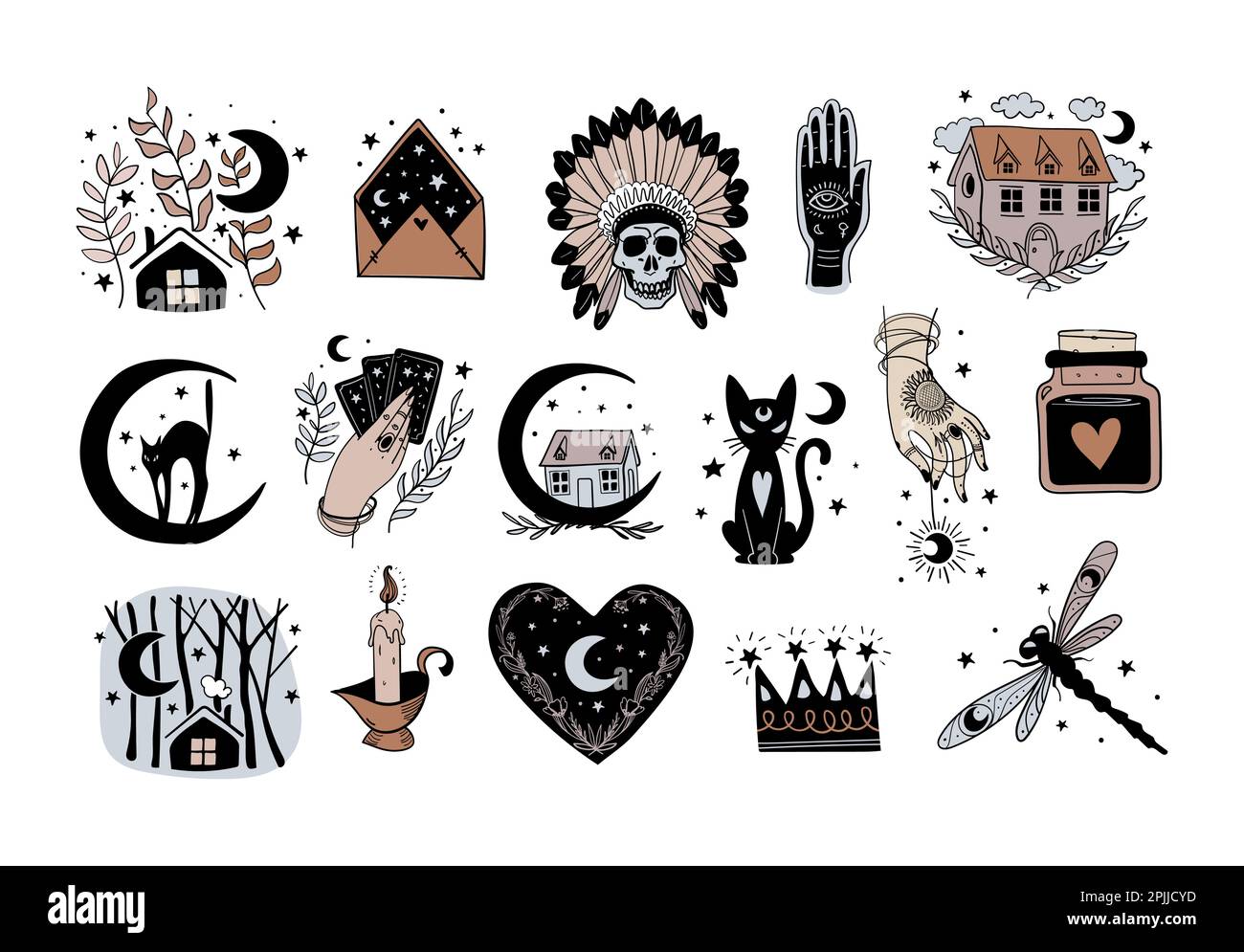 Set of modern hand drawn mystical witch logos, halloween stickers, skull, cat, tarot fortune teller. Vector vintage illustration, collection of icons Stock Vector