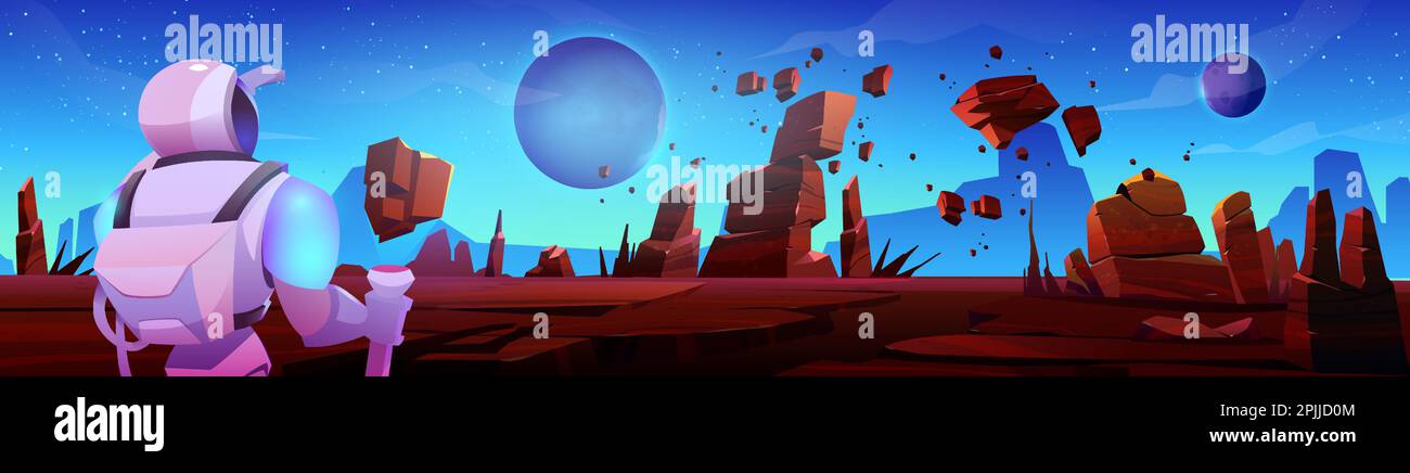 Astronaut on alien planet cartoon background. Cosmonaut in space suit and helmet explore futuristic fantasy universe landscape. Science man on mars desert ground mission game search human scene. Stock Vector
