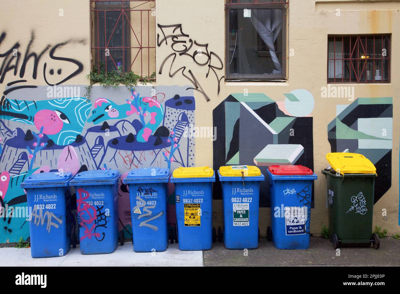 Wheely bins and graffiti, Newtown, Sydney, NSW, Australia Stock Photo