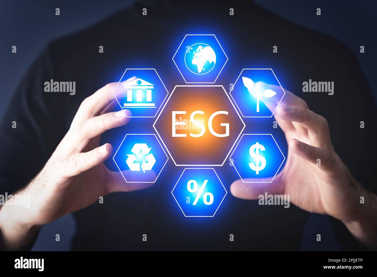 Global ESG technology concept. Man's hand presses a holographic button