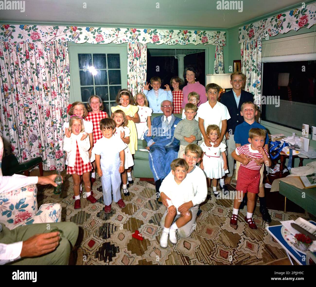 ST-C289-7-63           7 September 1963 Joseph P. Kennedy, Sr. celebrating his 75th birthday with grandchildren in Hyannisport.  Photo includes: (front row) John F. Kennedy, Jr., Robert F. Kennedy, Jr., (second row left) Kerry Kennedy, Timothy Shriver, (second row, right) Robin Lawford, William Kennedy Shriver, (third row, left) Caroline Kennedy, Victoria Lawford, (third row, right) Michael Kennedy, Robert Shriver, Steven Smith, Jr., (left fourth row) Courtney Kennedy, Maria Shriver, Joseph P. Kennedy, Sr., David Kennedy, Joseph P. Kennedy III, (left, fifth row) Sidney Lawford, Christopher Law Stock Photo