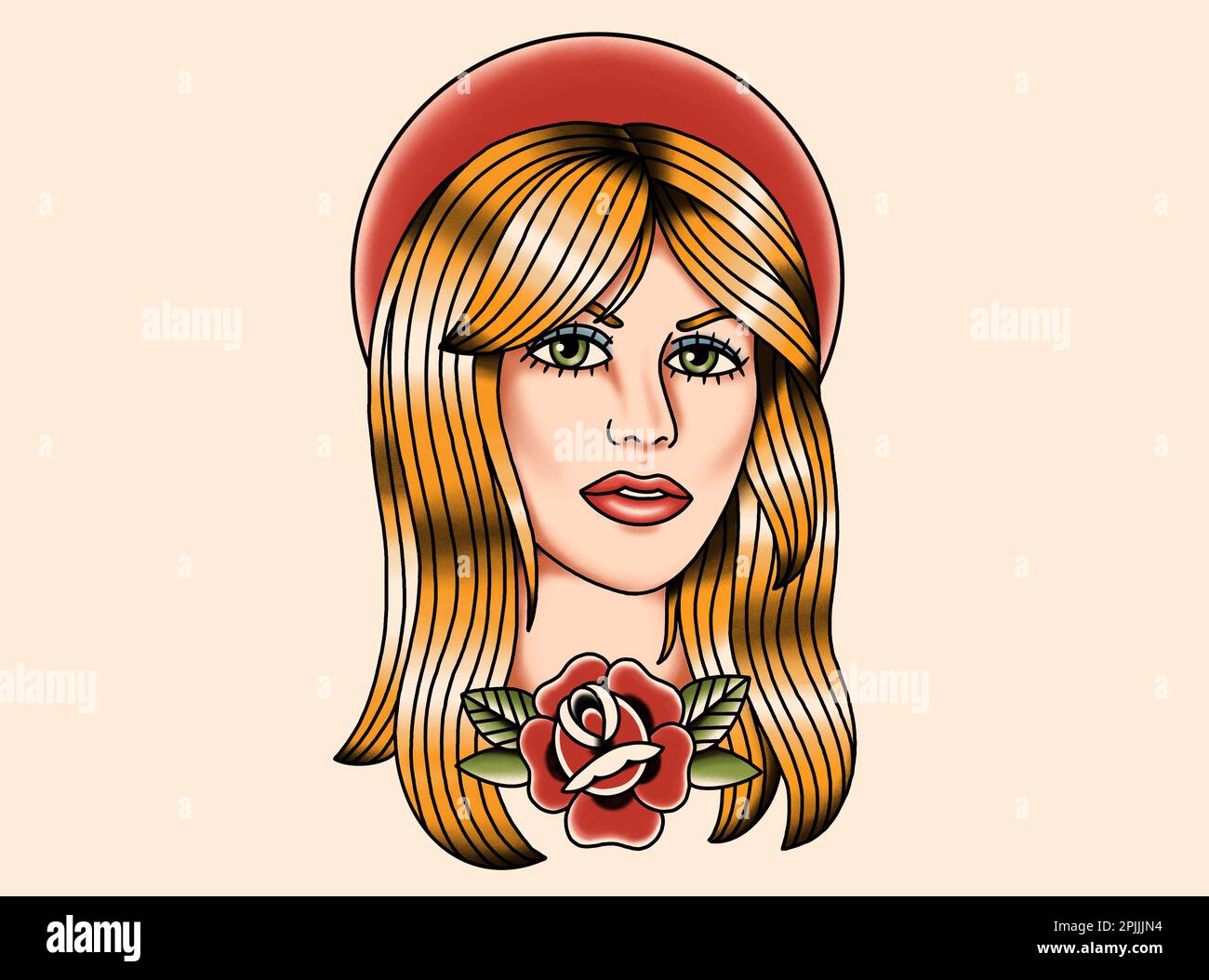 Blond Woman face portrait full colored drawing inspired by the old school traditional tattoo art style Stock Photo
