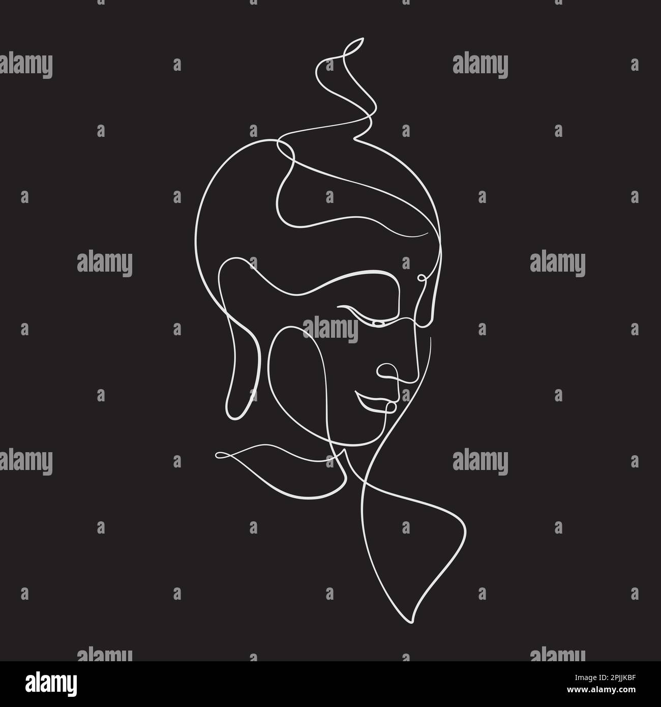 buddha face portrait line art decoration. continuous line drawing in calligraphy style isolated on black background Stock Vector