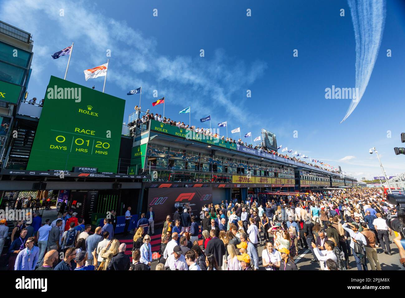 Melbourne, Australia. 02nd Apr, 2023. Routelle planes fly over pit lane
