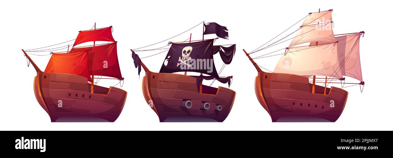 Vector sail boats with white, red and black sails. Pirate ship with black flag, cannons, skull and crossbones on canvas. Cartoon set of old wooden ships, vintage galleons isolated on white background Stock Vector