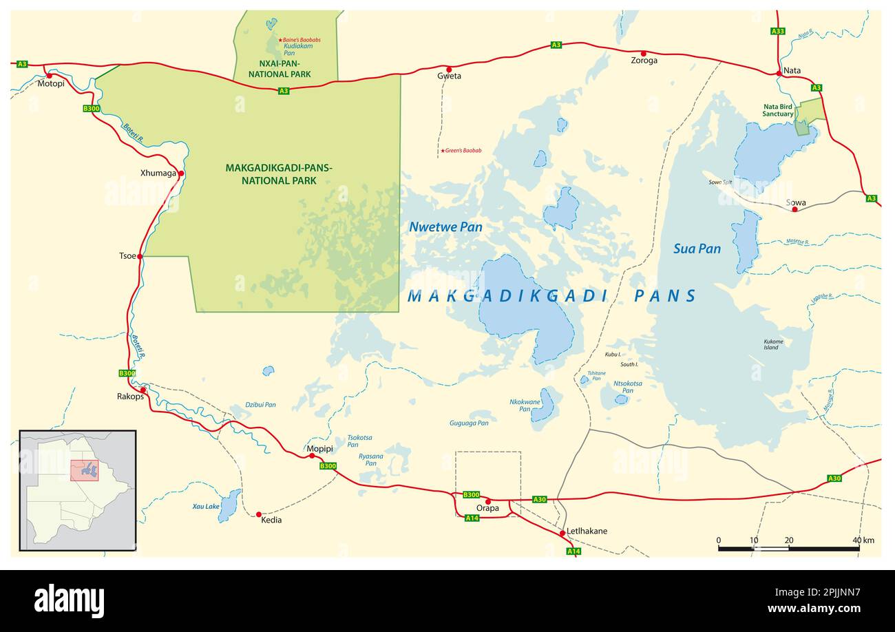 Vector map of the Makgadikgadi Salt Pans in northeastern Botswana Stock Photo