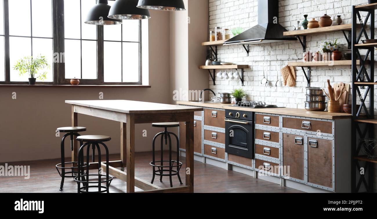 Beautiful kitchen interior with new stylish furniture. Banner design