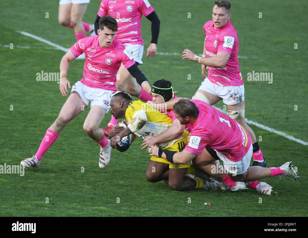 La Rochelle, France. 01st Apr, 2023. Levani Botia of Stade Rochelais is tackled during the Heineken Champions Cup, Round of 16, Rugby union match between Stade Rochelais (La Rochelle) and Gloucester Rugby on April 1, 2023 at Marcel Deflandre stadium in La Rochelle, France - Photo Laurent Lairys/DPPI Credit: DPPI Media/Alamy Live News Stock Photo