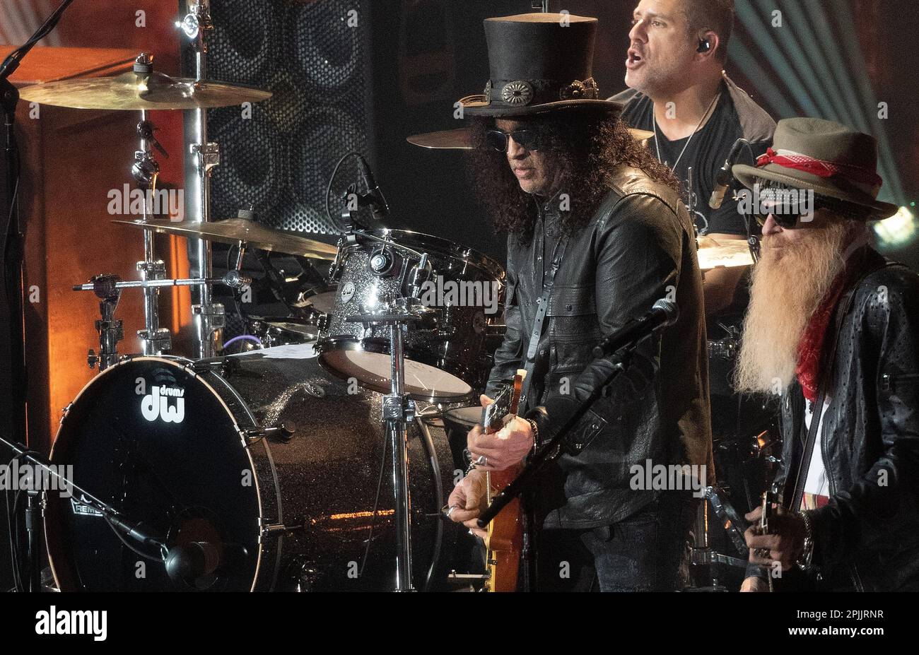 Austin, USA. 02nd Apr, 2023. Slash and Billy Gibbons perform during the 2023 CMT Music Awards at Moody Center on April 02, 2023 in Austin, Texas. Photo: Amy Price/imageSPACE/Sipa USA Credit: Sipa USA/Alamy Live News Stock Photo
