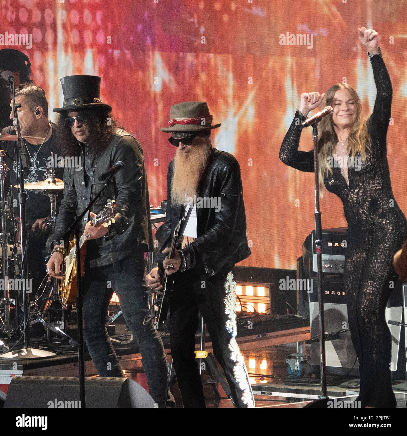 Austin, USA. 02nd Apr, 2023. Slash, Billy Gibbons and LeAnn Rimes perform during the 2023 CMT Music Awards at Moody Center on April 02, 2023 in Austin, Texas. Photo: Amy Price/imageSPACE/Sipa USA Credit: Sipa USA/Alamy Live News Stock Photo