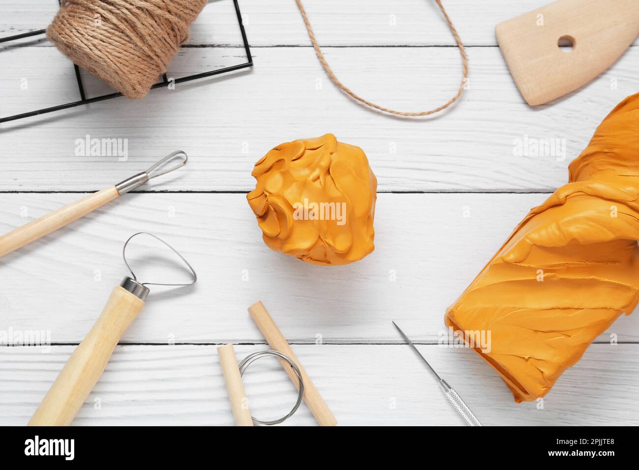 Set of Clay Modeling Tools on White Background, Flat Lay Stock