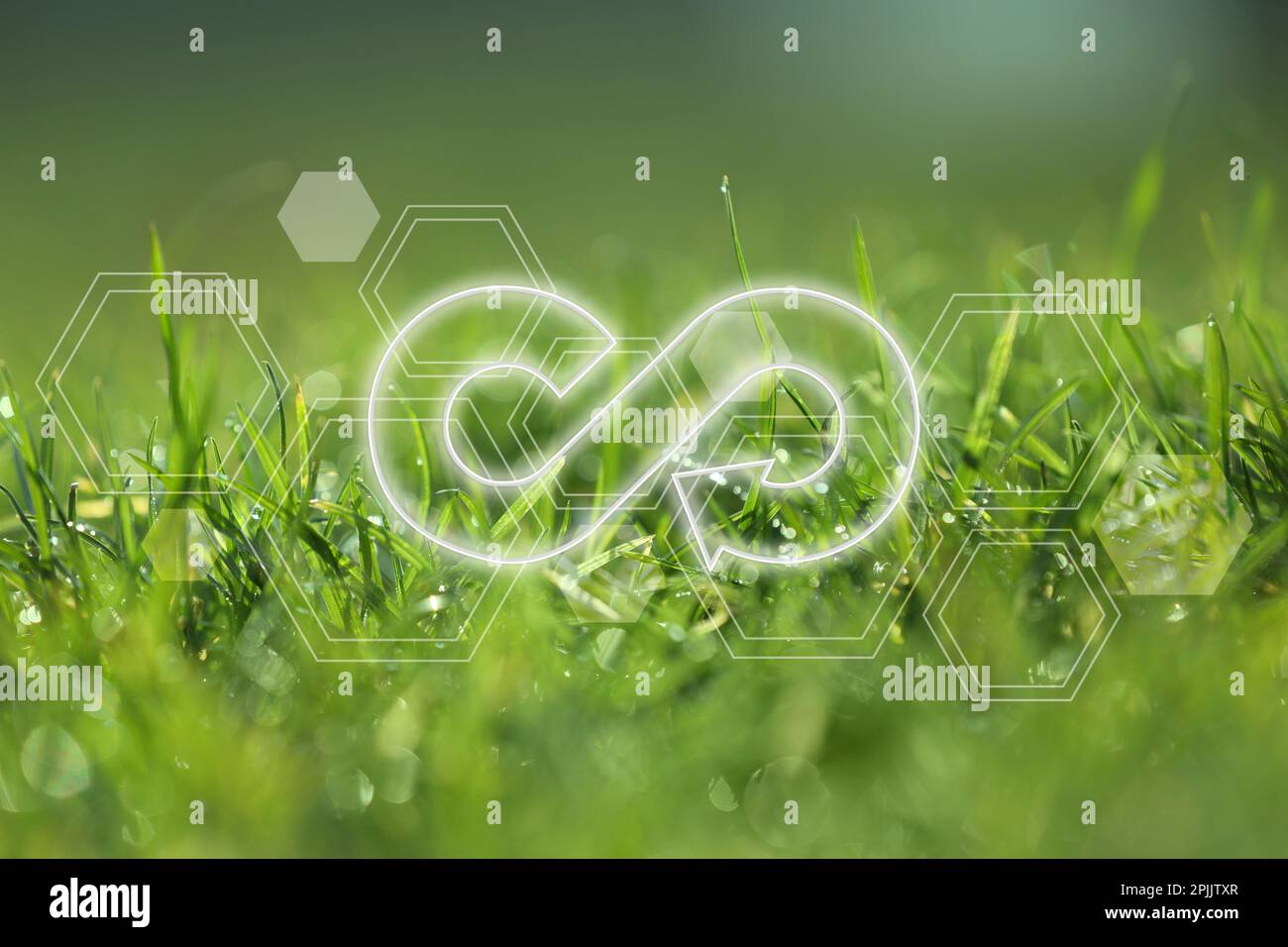 Circular economy concept. Green grass with dew and illustration of infinity symbol Stock Photo