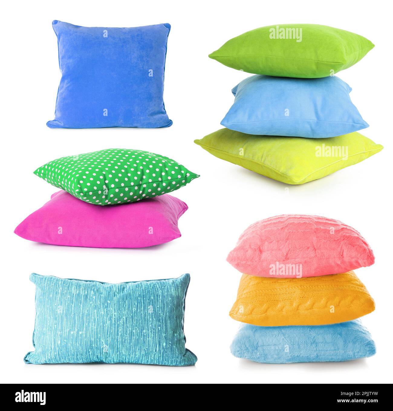 Set with different soft pillows on white background Stock Photo