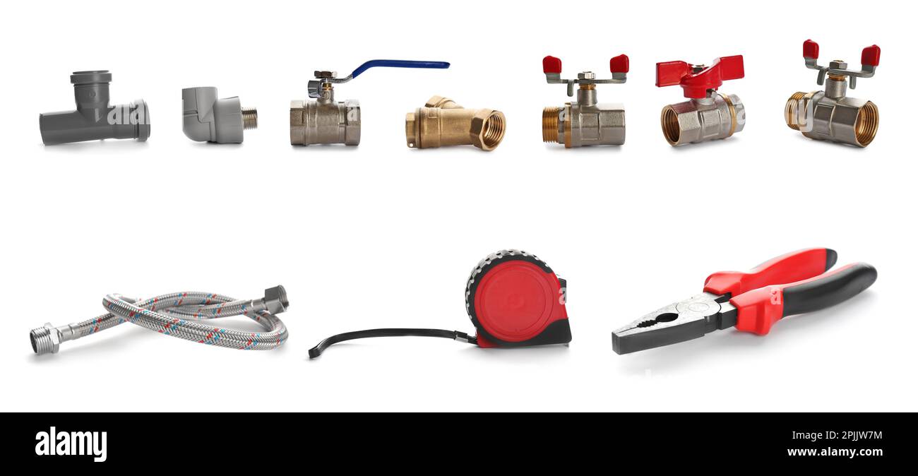 Set with plumbing supplies and construction tools on white background