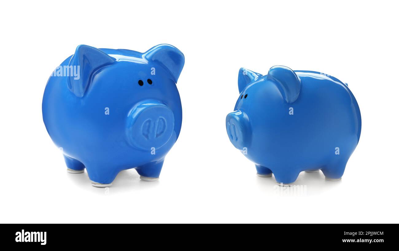 Blue ceramic piggy banks on white background Stock Photo Alamy