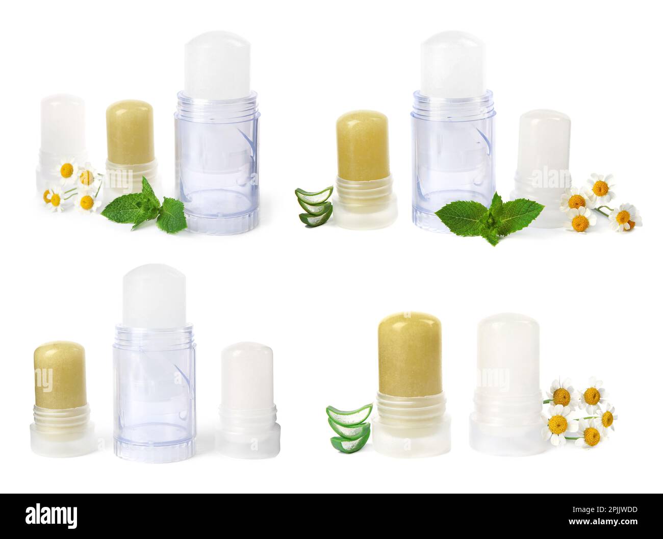 Set with different natural crystal alum deodorants on white background