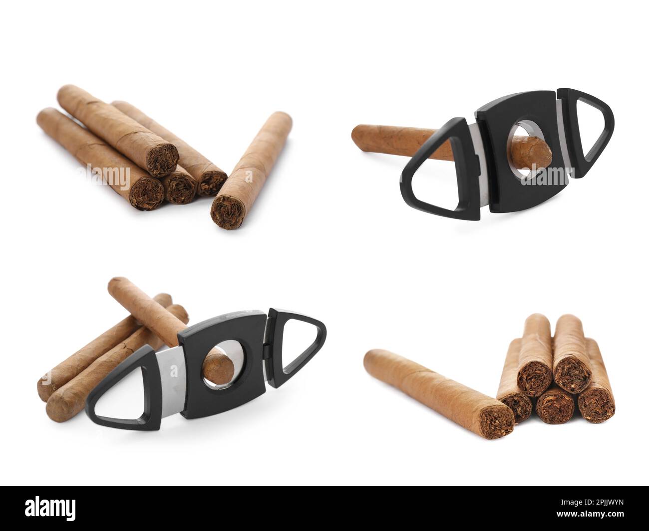 Set with cigars wrapped in tobacco leaves and guillotine cutters on
