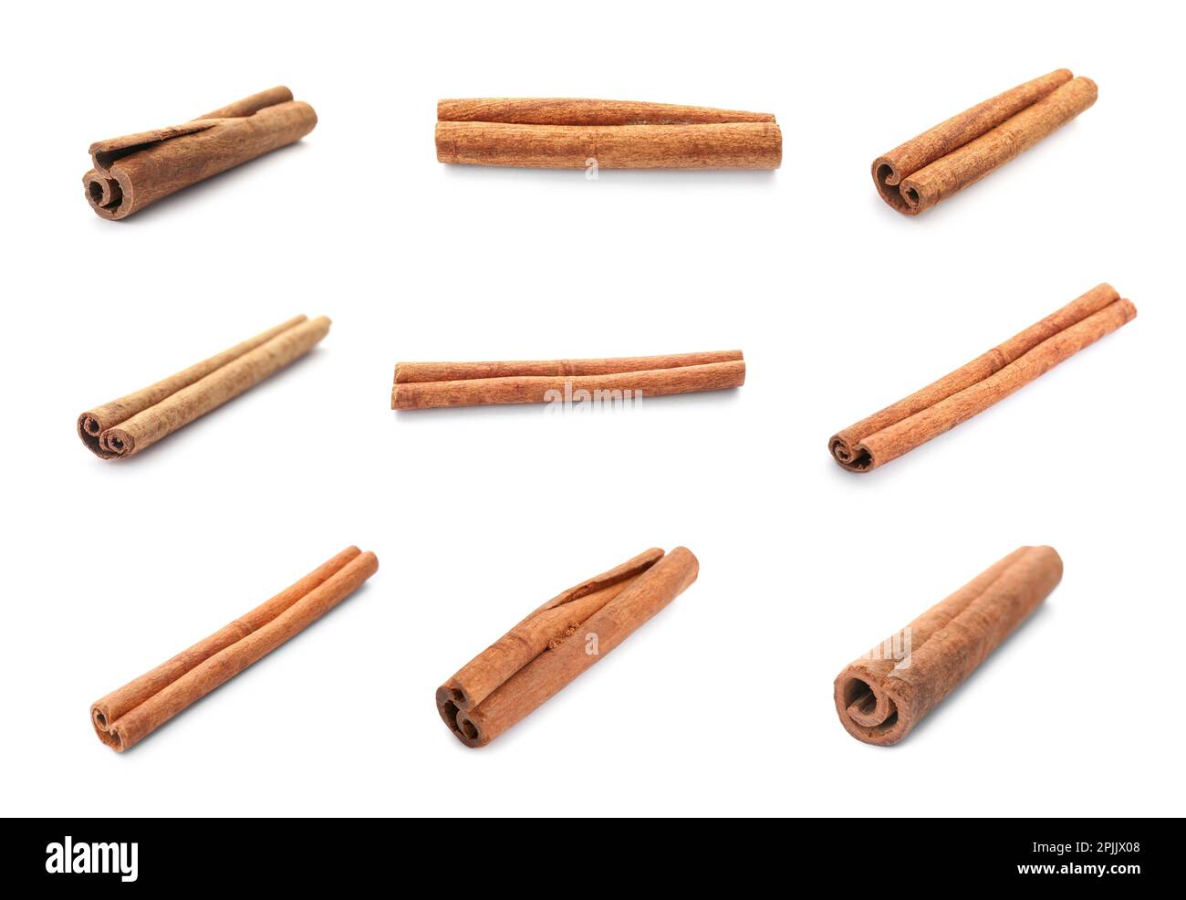 Set with aromatic cinnamon sticks on white background Stock Photo