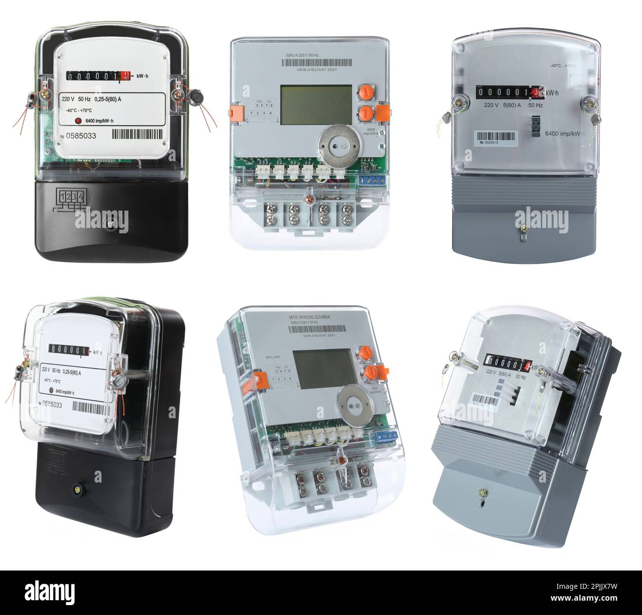 Set of different electricity meters on white background Stock Photo