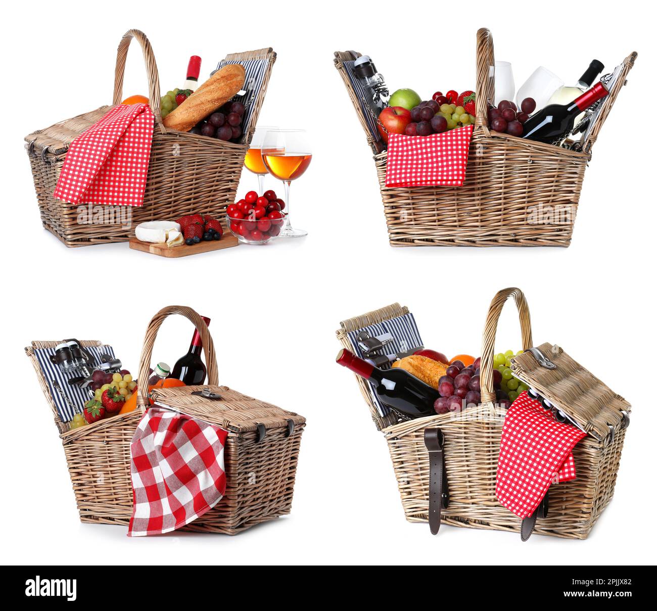 Set of wicker picnic baskets with wine and food on white background ...