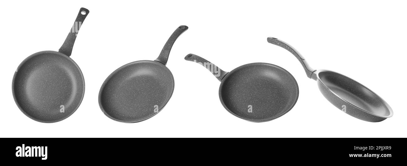 Set with new frying pans on white background. Banner design Stock Photo