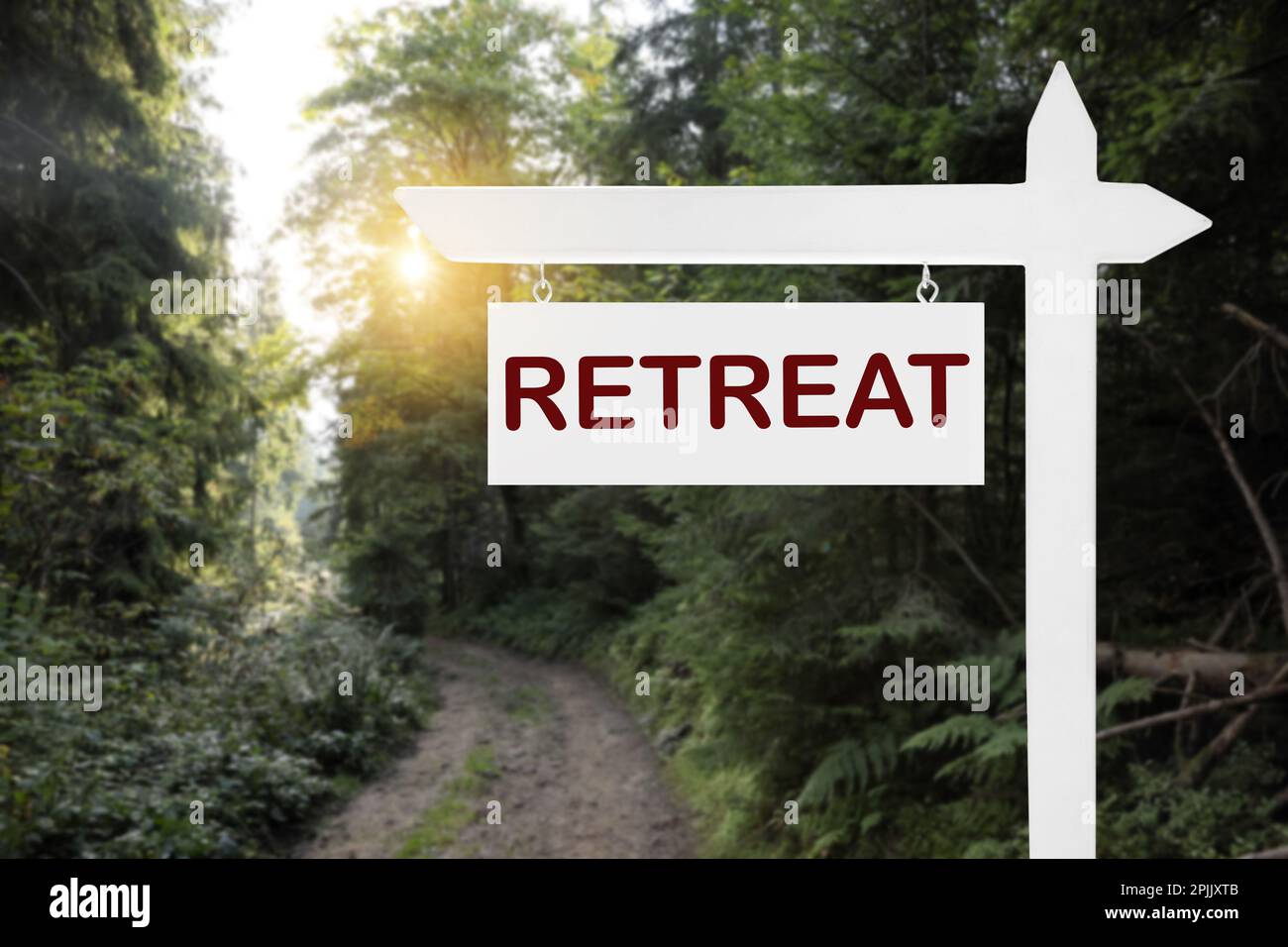 Wooden sign with word Retreat and picturesque view of beautiful forest