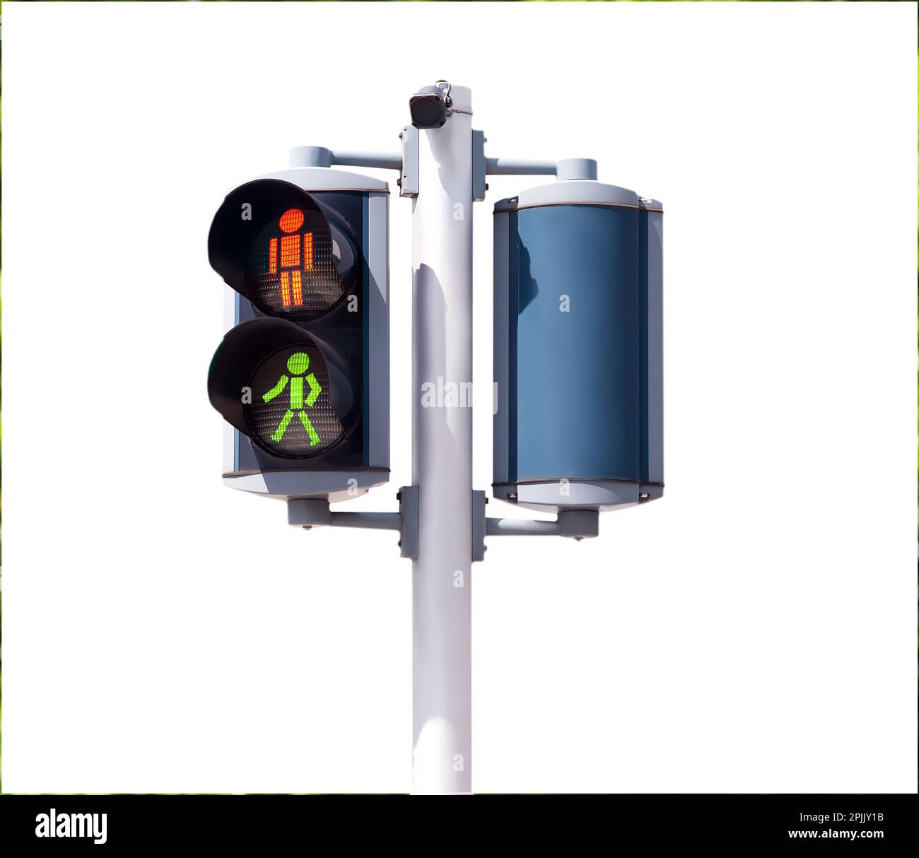 Pedestrian traffic light with red and green signals on white background ...