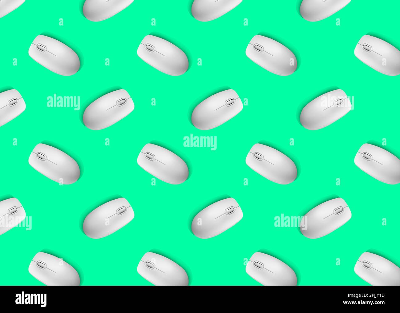 Many white computer mouses on bright green background, flat lay