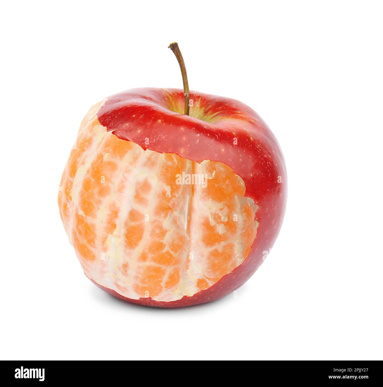 modified apple with tangerine on white background Stock