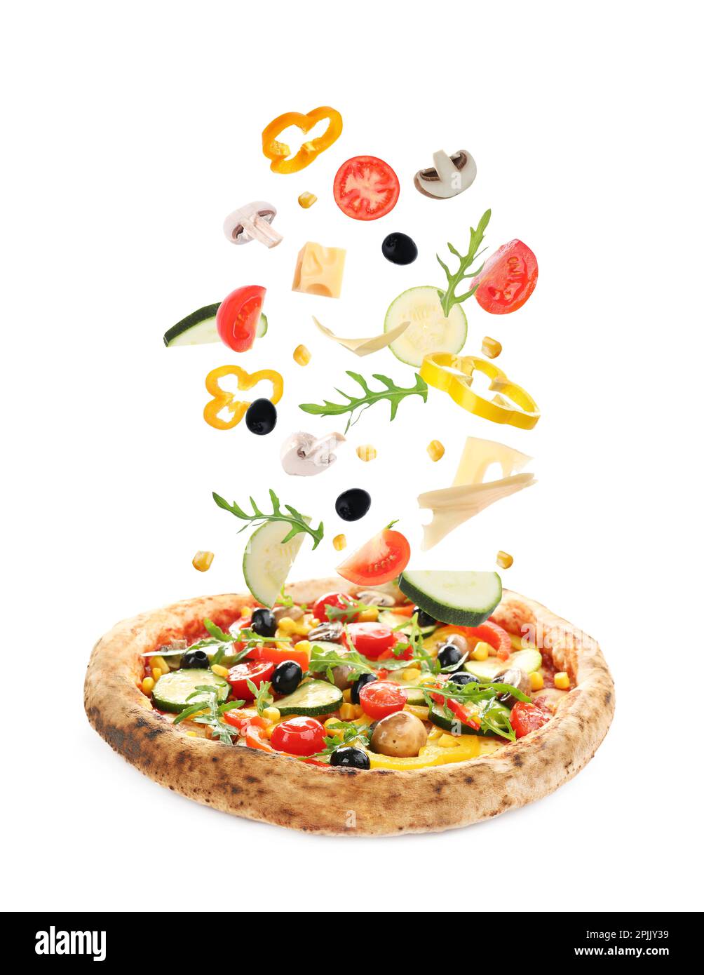 Delicious pizza and flying ingredients on white background Stock Photo