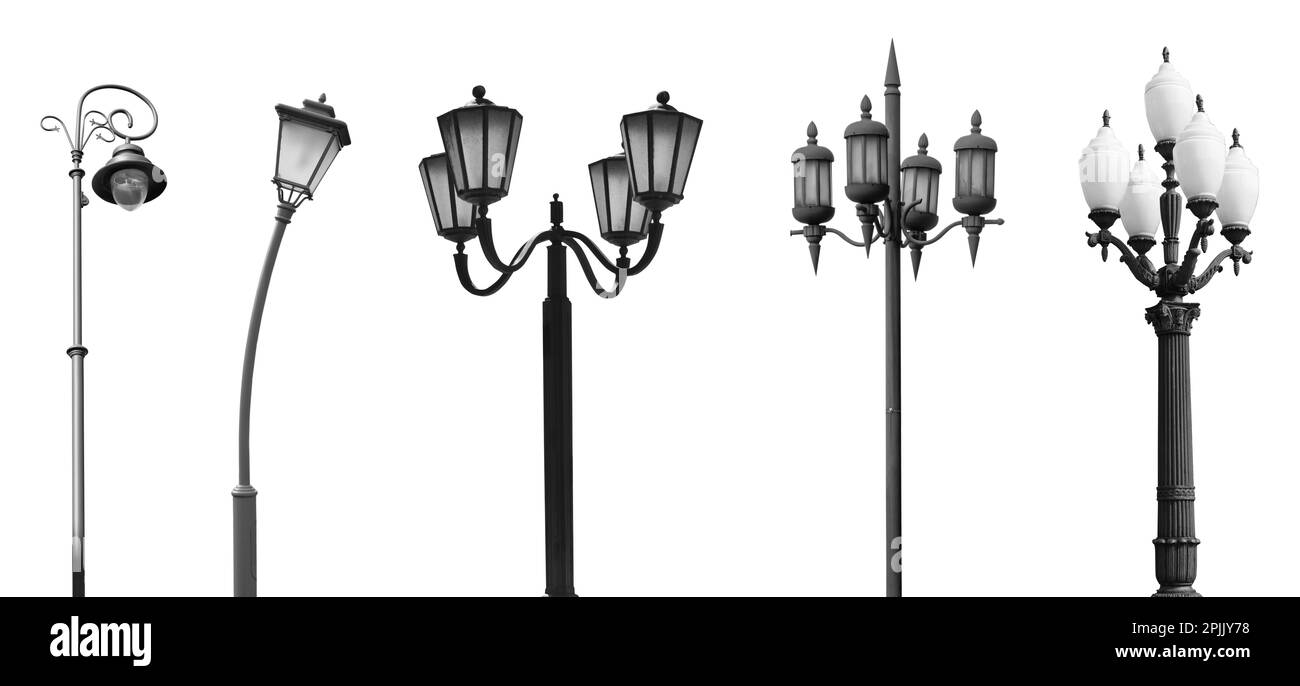 Beautiful street lamps in retro style on white background, collage. Banner design Stock Photo