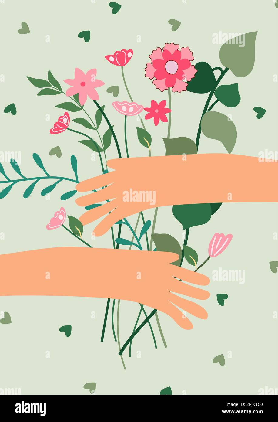 Hands embrace a bouquet of spring flowers. A floral arrangement for celebrating a birthday, wedding, mother's day, spring, etc. Vector illustration. Stock Vector