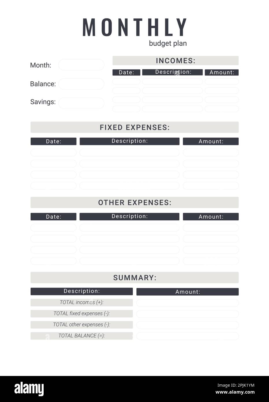 Printable personal monthly budget planner, vector illustration Stock ...