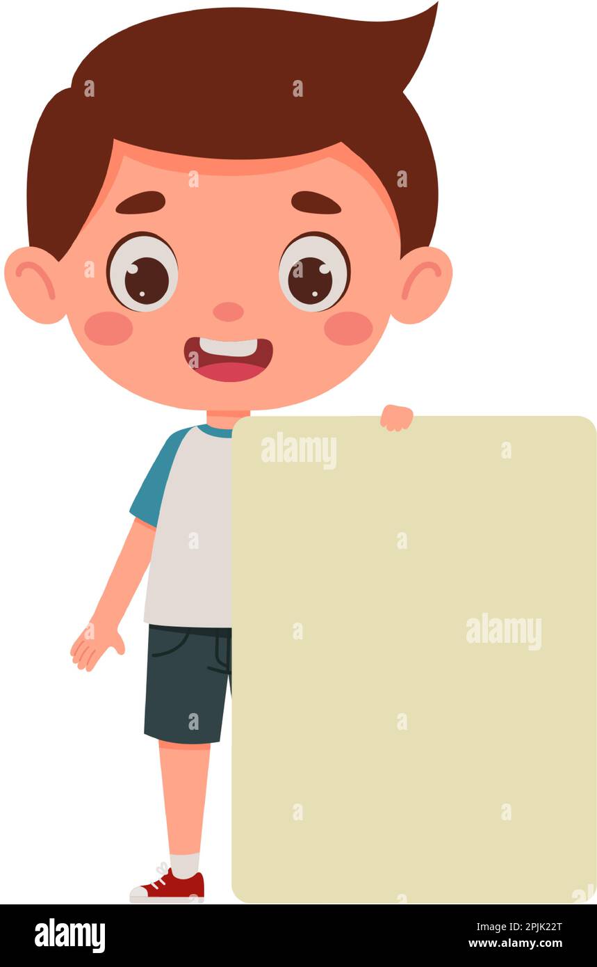 Cute little kid boy with empty blank paper. Cartoon child character