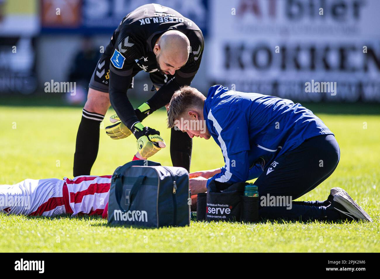Horsens, Denmark. 02nd Apr, 2023. Nicklas Helenius (17) of Aalborg Boldklub  scores for 0-1 but collides with AC Horsens goalkeeper Matej Delac during  the 3F Superliga match between AC Horsens and Aalborg