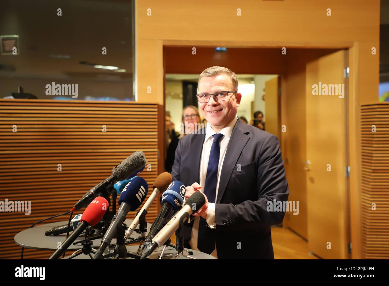 Helsinki, Finland. 2nd Apr, 2023. Finland's National Coalition Party leader Petteri Orpo attends a press conference in Helsinki, Finland, April 2, 2023. Finland's opposition National Coalition Party emerged as the largest party in the parliamentary election held on Sunday, according to the preliminary result reported by Finnish national broadcaster Yle. Credit: Chen Jing/Xinhua/Alamy Live News Stock Photo
