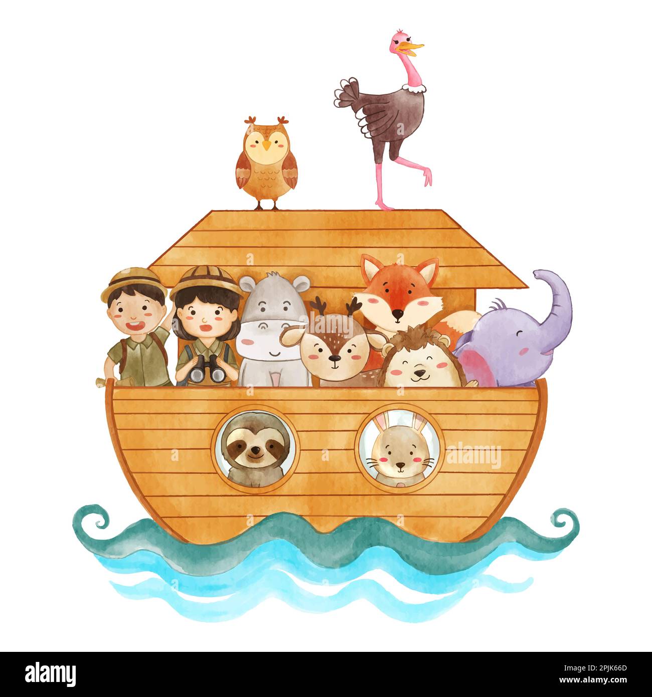 Noah 's ark with many wildlife animals . The flood concept . Realistic watercolor paint with paper textured . Cartoon character design . Vector . Stock Vector