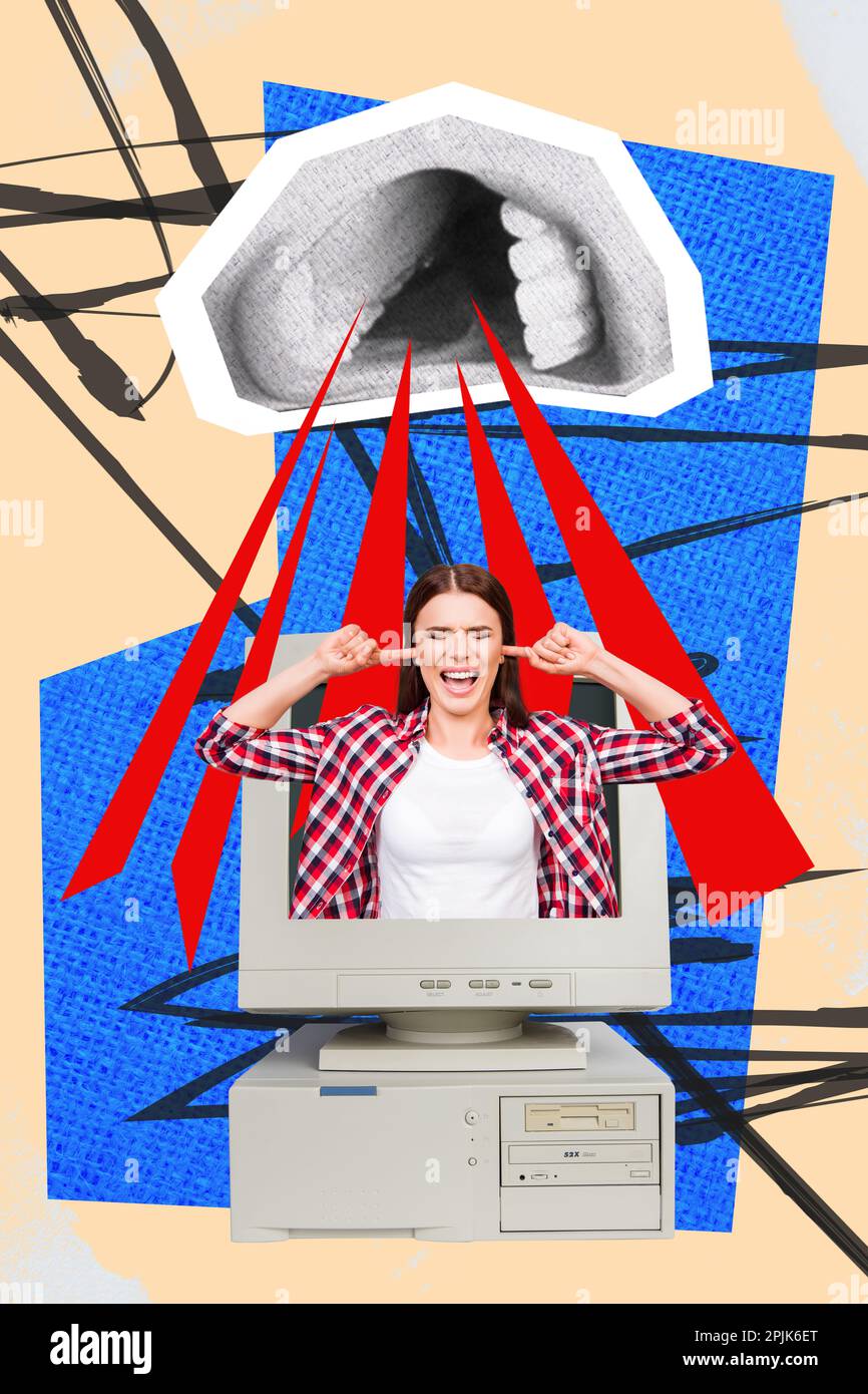 Vertical absurd illustration creative collage artwork of unhappy angry ...