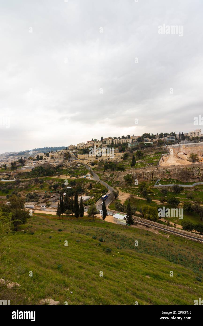 View from above on Emek Valley of Hinnom, next to the old city of Jerusalem - Israel Stock Photo