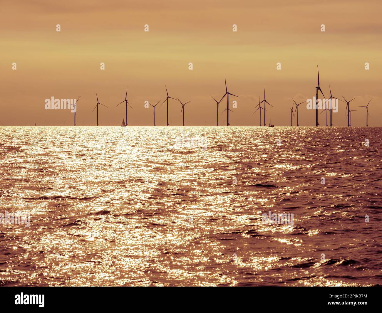 Backlit view of wind park Fryslan in IJsselmeer lake, Netherlands Stock Photo