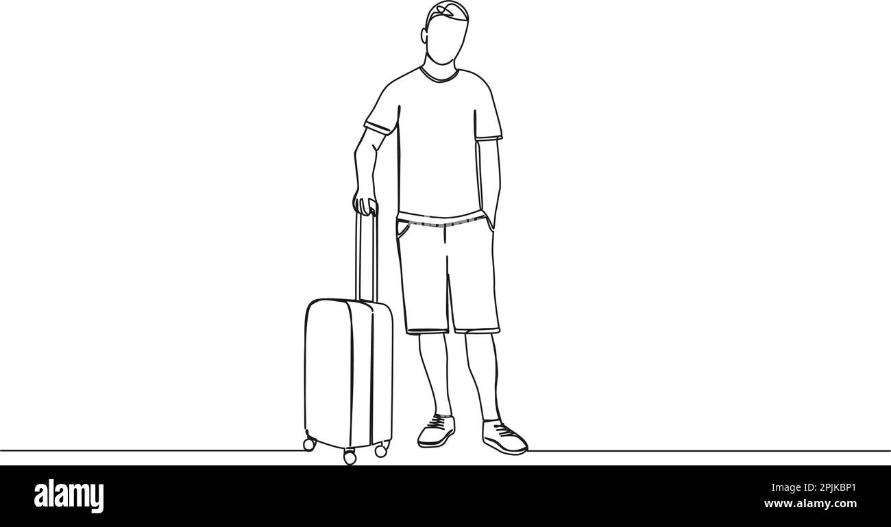 single line drawing of casually dressed man with suitcase, travel and vacation line art concept vector illustration Stock Vector