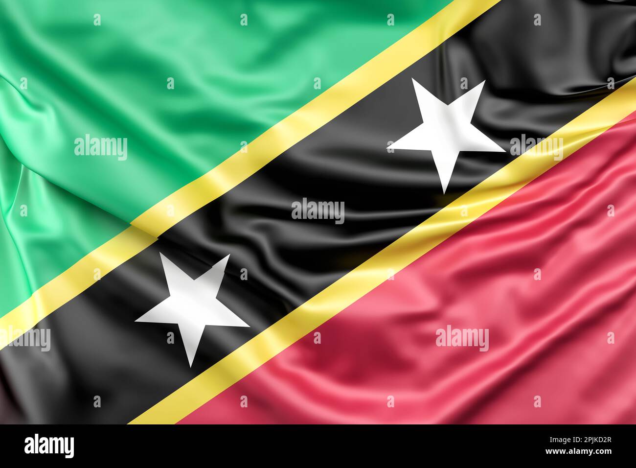 Ruffled Flag of Saint Kitts and Nevis. 3D Rendering Stock Photo