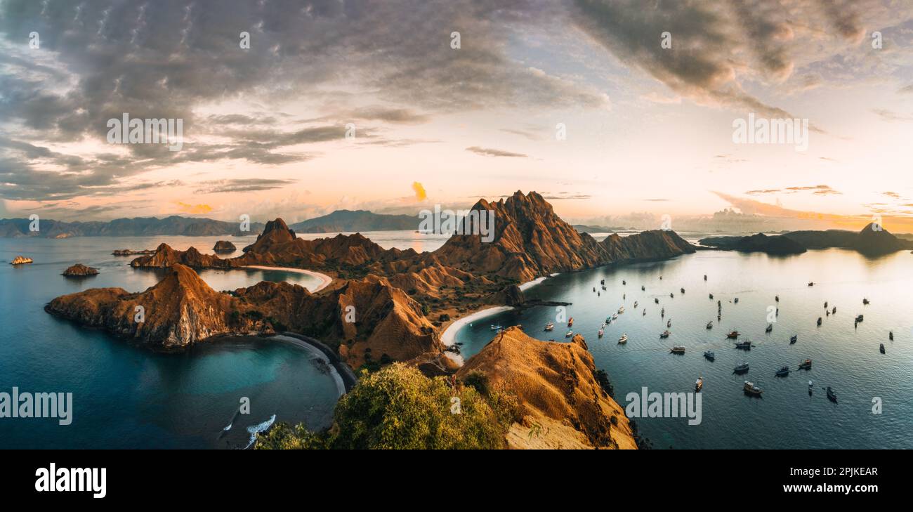 Top aerial drone view of Padar Island in a morning before sunrise ...