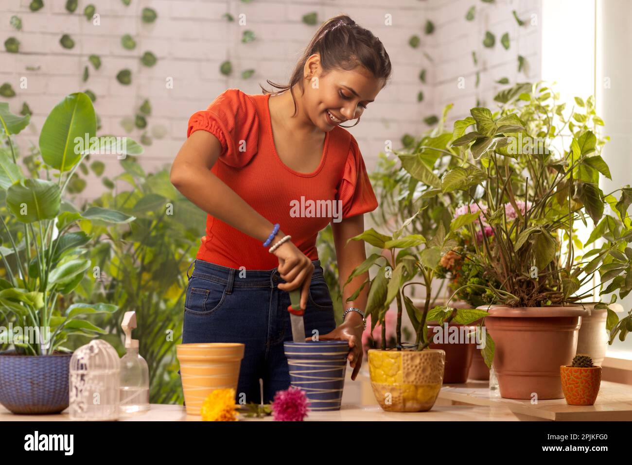 Young woman preparing soil for planting while gardening at home Stock Photo