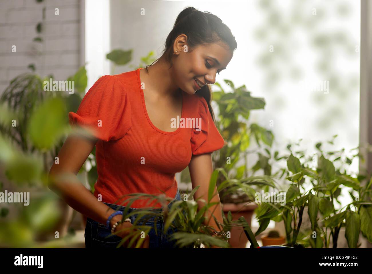 Portrait of a young woman gardening at home Stock Photo