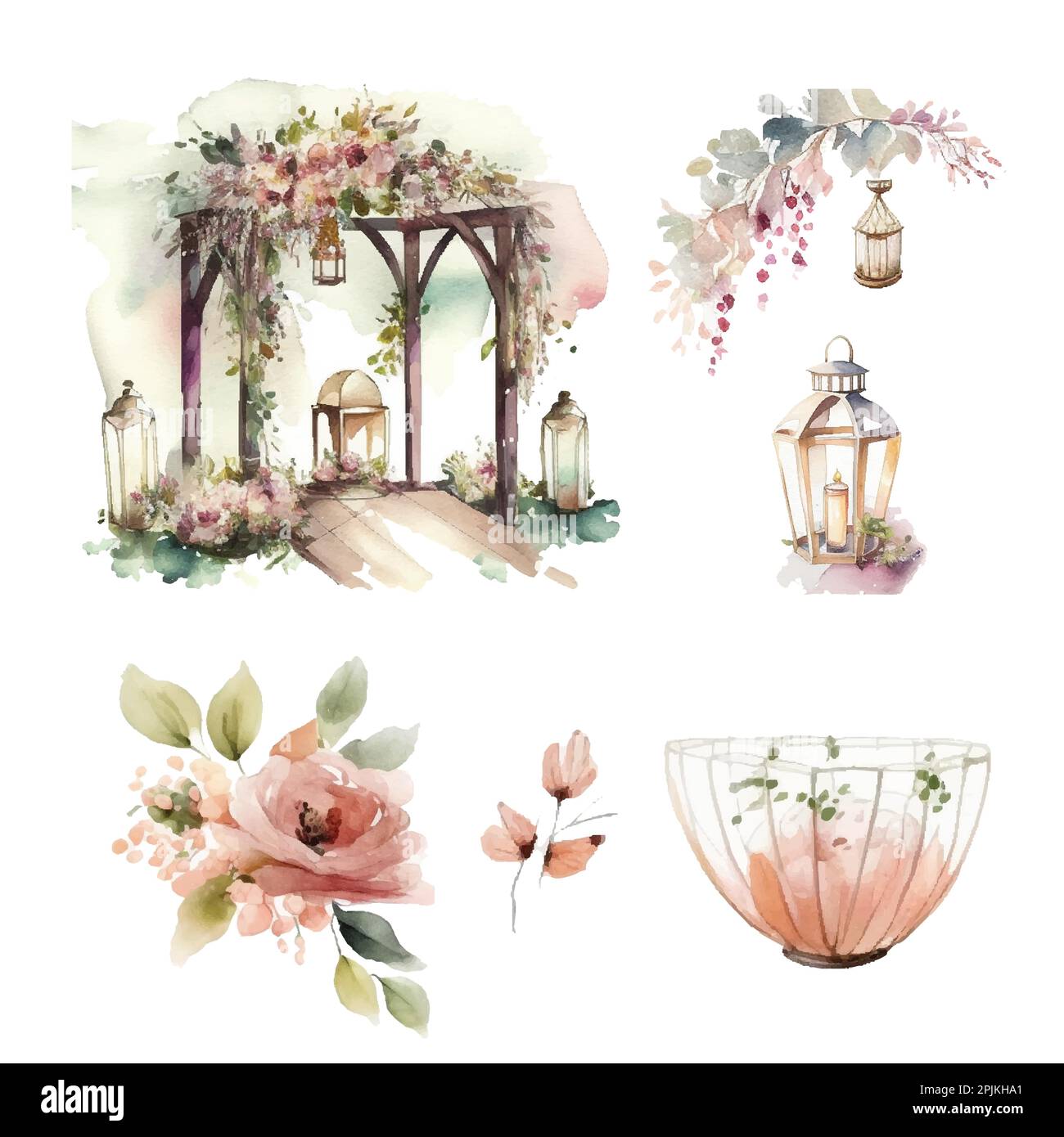 Watercolor wedding decorations with wedding gate, wedding table