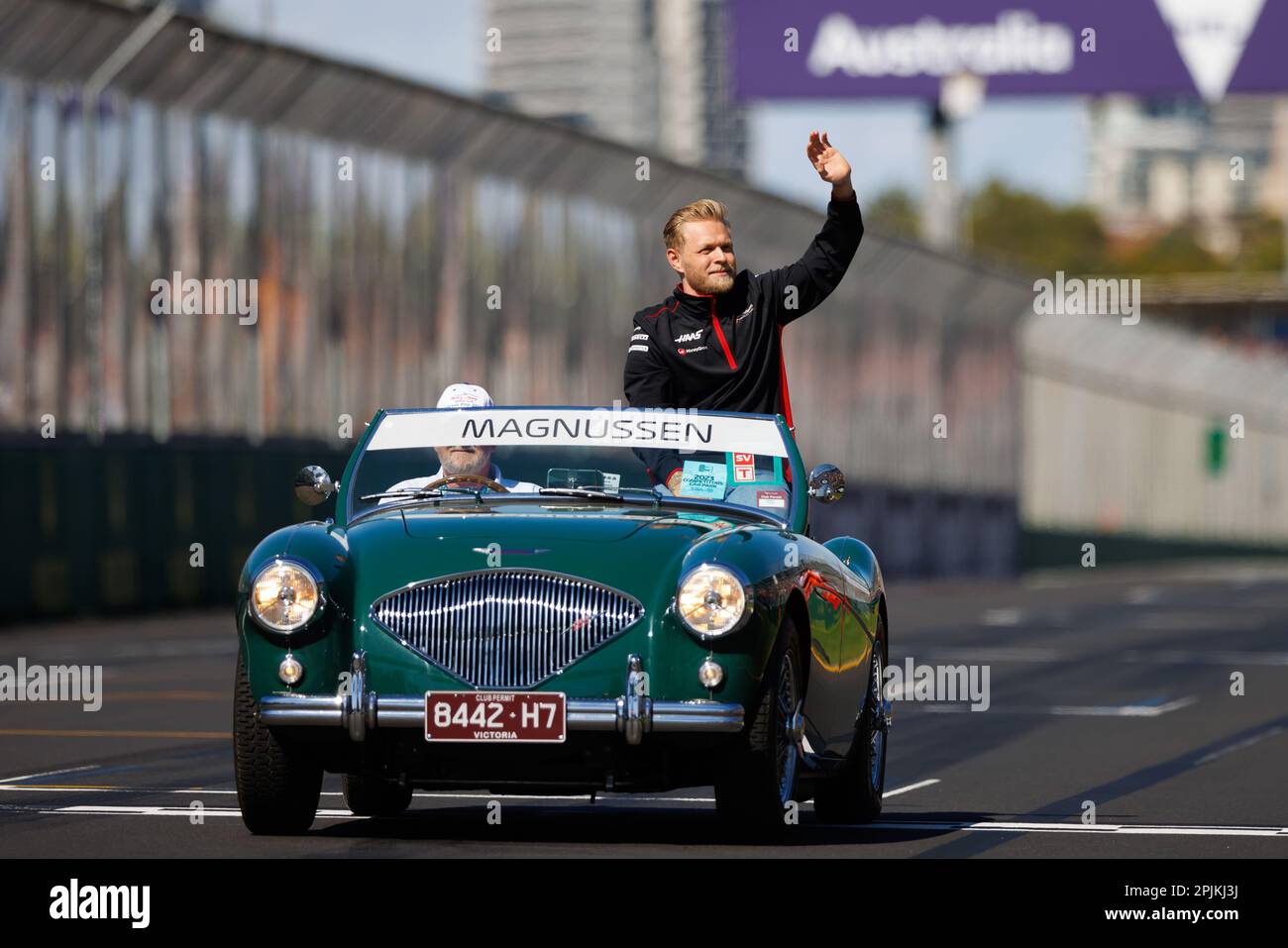Albert Park, 2 April 2023  Kevin Magnussen (DEN) of the Haas F1 team during the driver's parade. corleve/Alamy Live News Stock Photo