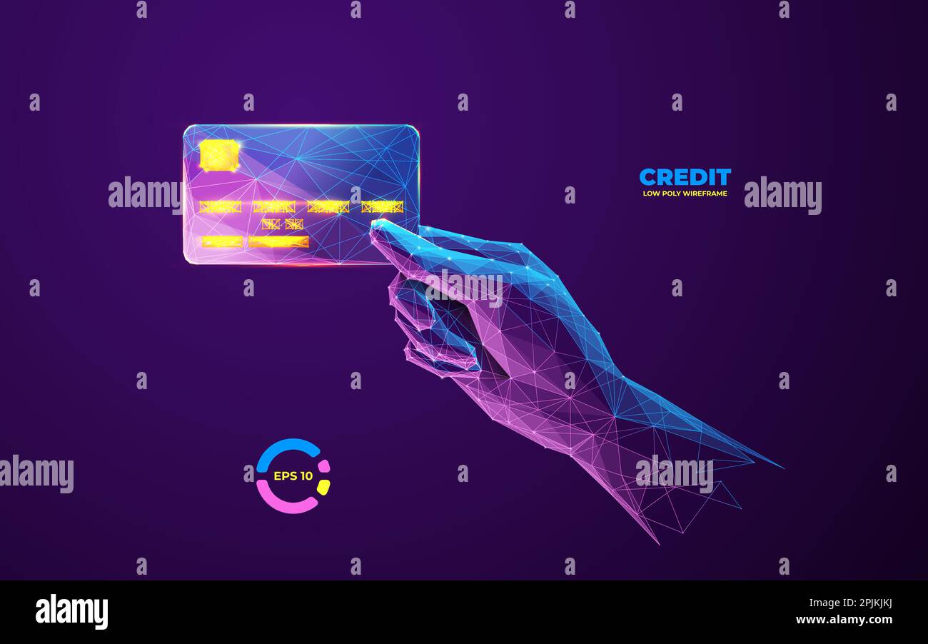 3D Credit card in hand. Abstract hand holding credit card. Digital hand