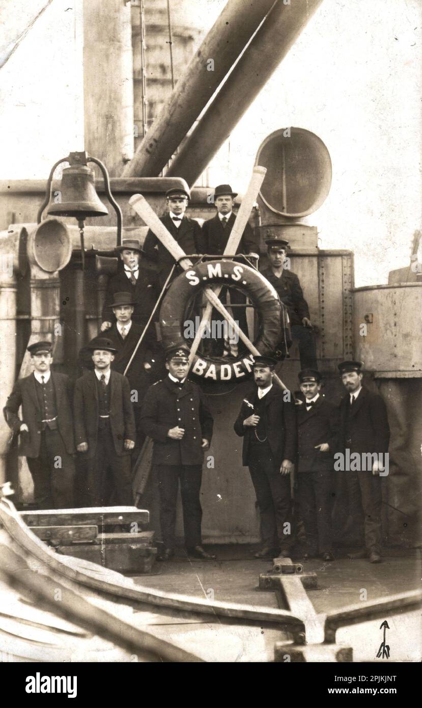 Officers of SMS Baden, one of four ironclads of the German Kaiserliche Marine. Her sisterships were Bayern, Württemberg, and Sachsen. Stock Photo