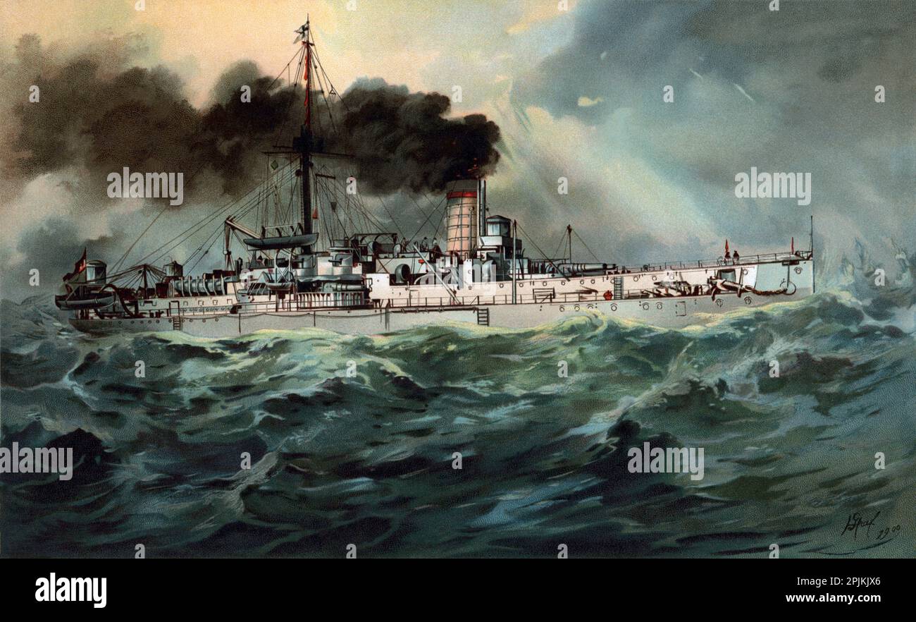 Painting of one of the four ironclads of the German Kaiserliche Marine SMS Baden by Hugo Graf Stock Photo